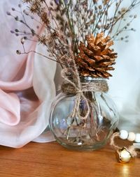 High angle view of flower vase on table