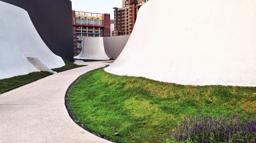 Footpath in park with buildings in background