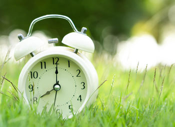 Close-up of clock on field