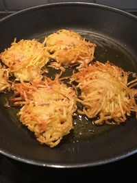 High angle view of meat in frying pan