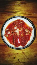 Directly above shot of soup in bowl on table