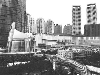 Modern buildings in city against clear sky