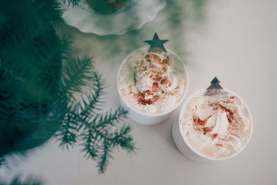 High angle view of christmas decorations on table