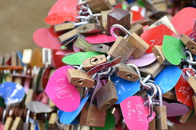 Close-up of padlocks hanging on railing