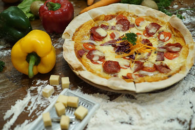 High angle view of pizza on table