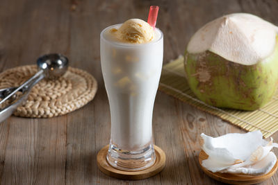 Close-up of drink served on table