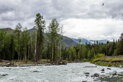 Scenic view of waterfall against sky