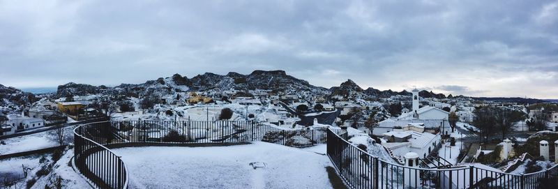 Panoramic view of snowcapped mountains against sky