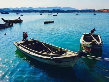 High angle view of boats moored in sea