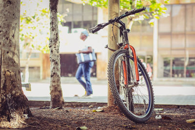 Bicycle by tree in city