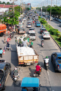 High angle view of people on street