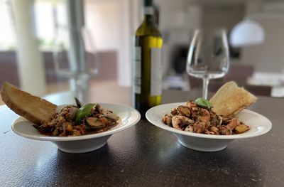 Close-up of food served on table