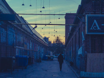 Rear view of man walking on road in city