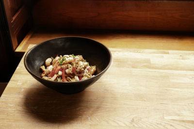 High angle view of food in bowl on table