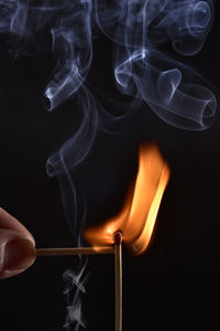 Close-up of burning candle against black background