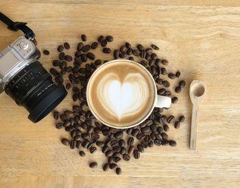 High angle view of coffee cup on table