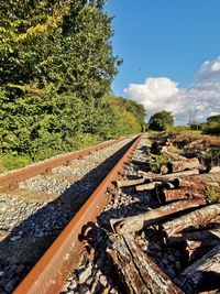 Railroad tracks by trees against sky