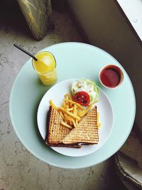 High angle view of breakfast on table