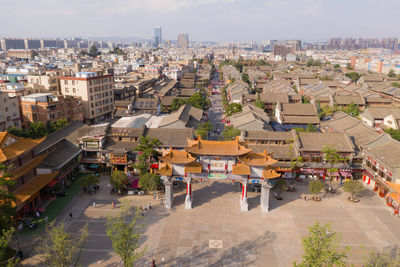 High angle view of buildings in city