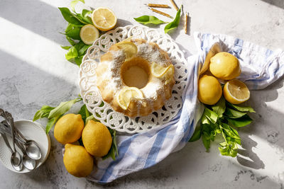 High angle view of fruits in plate on table