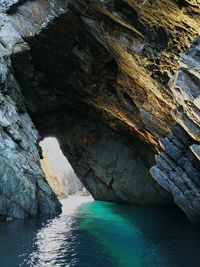 Scenic view of sea seen through cave