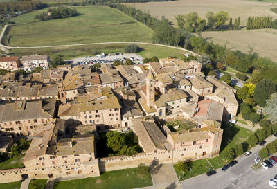 High angle view of townscape and trees in city