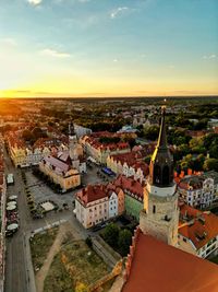 High angle view of townscape against sky during sunset