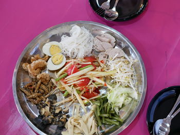 High angle view of meal served on table