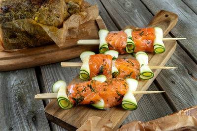 High angle view of food on cutting board