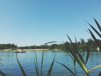 Calm lake against clear blue sky