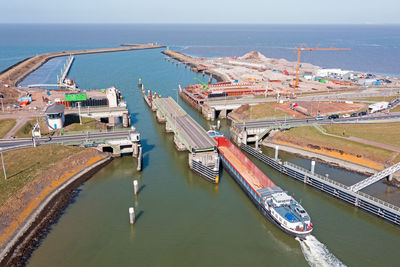 Aerial from a swing bridge at the afsluitdijk in the netherlands