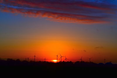 Silhouette of wind turbines at sunset