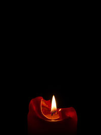 Close-up of lit candle against black background