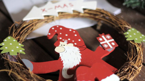 High angle view of christmas decoration on table