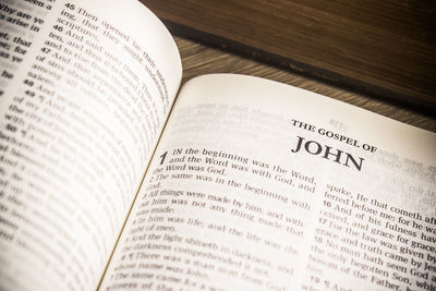 High angle view of text on book