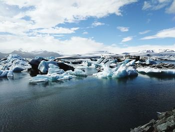 Scenic view of frozen lake against sky