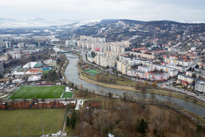 Aerial urban landscape, houses and flat of blocks. above view of cluj napoca, city, romania