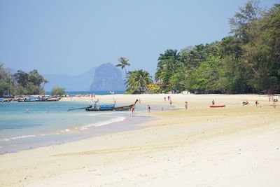 People on beach against clear sky