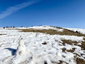 Snow covered landscape against clear blue sky