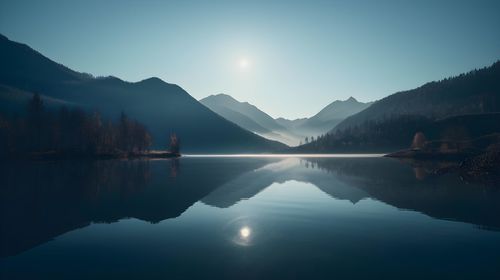 Scenic view of lake and mountains against sky