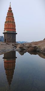 Reflection of temple on building against sky