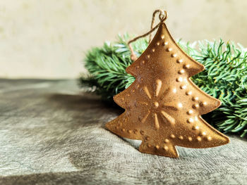 Close-up of christmas decorations on table