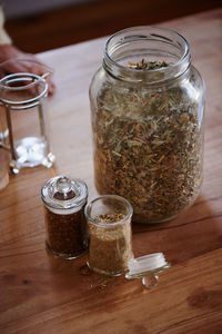 Close-up of jars on table