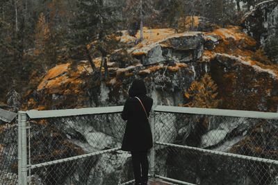 Rear view of woman standing by railing in forest