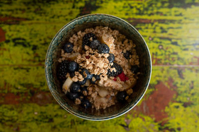 High angle view of breakfast served on table