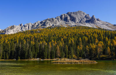 Scenic view of lake and mountains against clear blue sky