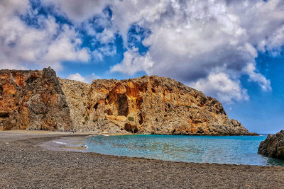 Panoramic view of sea and rocks against sky