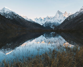 Scenic view of lake by snowcapped mountains against sky