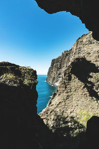 Rock formations by sea against clear blue sky