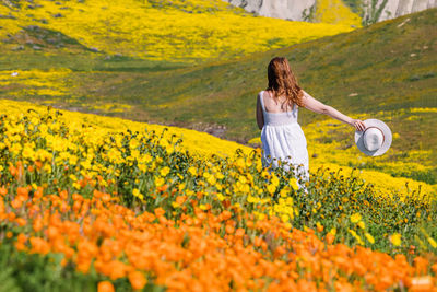 Rear view of woman standing amidst yellow flowering plants on field